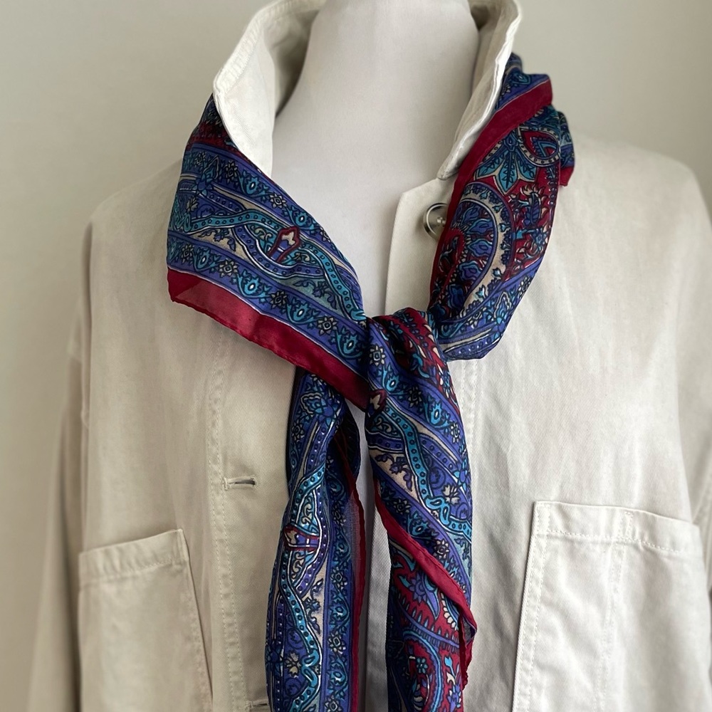 Vintage Sheer Silk Paisley Scarf -blue with red crimson pattern